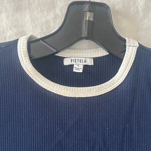 Pistola Navy Ribbed Tee with Cream Collar